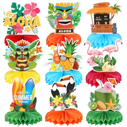 Centros de mesa hawaianos de papel plisado con figuras de piña y flores de hibisco impresas