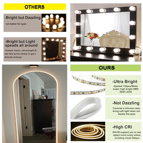 Image of LED Vanity Mirror Lights 16.4FT, Strong Adhesive Dimmable Silicone Strip Lights for Mirror, Waterproof Eye-Care Warm White 3000K Flexible Lighting for Bedroom Bathroom (Mirror NOT Included)