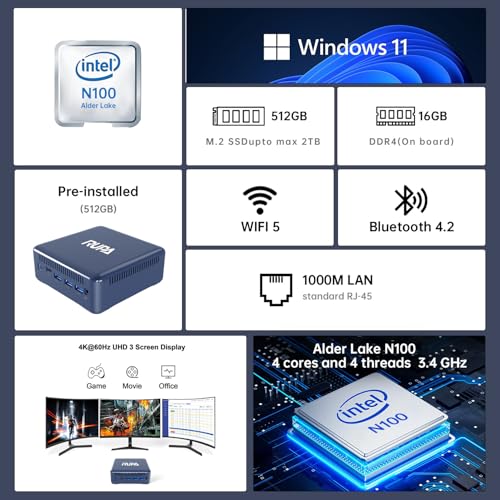 Image of RUPA Mini Pc Windows 11, N100 Mini PC 8GB DDR4 RAM 256GB 2.5''SSD, Micro PC Support Real 4K HDR 10+ Triple Display, WiFi6, BT5.2, USB3.0, Gigabit Ethernet Mini Computer for Home /Office