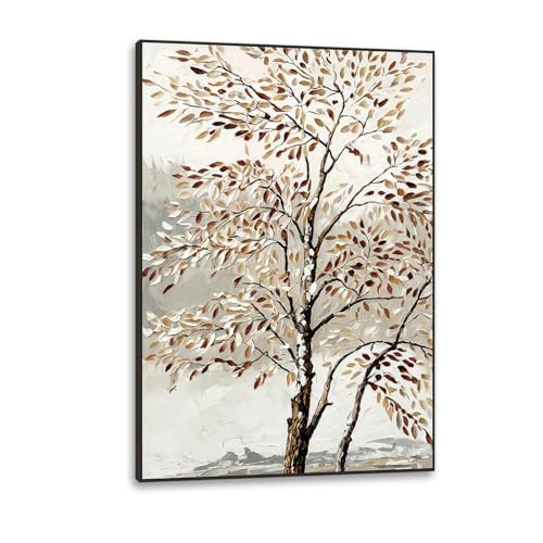 Image of Framed Abstract Tree Wall Art, 24 x 36 Inch Modern Birch Landscape Canvas Print, Neutral Beige Brown Painting Decor for Living Room Bedroom Office
