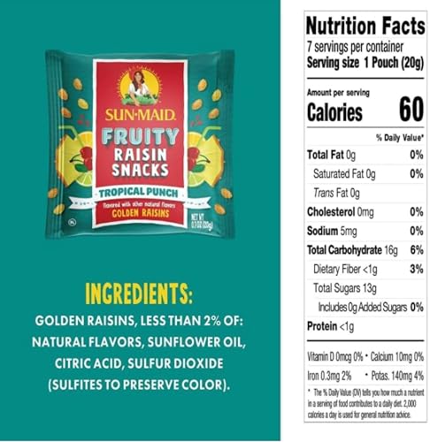 Image of Sun-Maid Tropical Punch Fruity Raisin Snacks - (56 Pack) 0.7 oz Pouches - Tropical Punch Raisins - Dried Fruit Snack for Lunches and Snacks