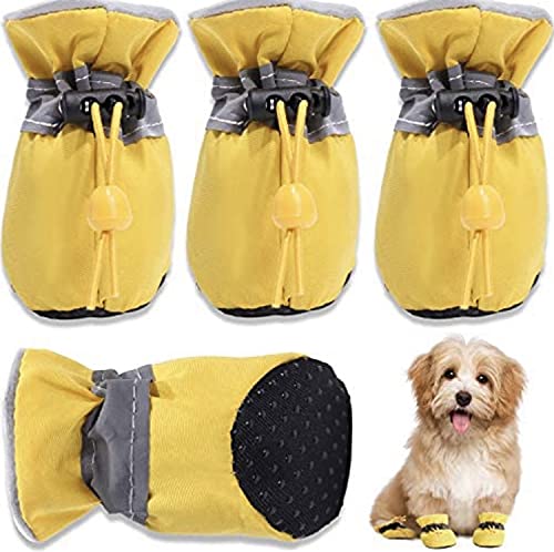 KUTKUT Dog Boots Paw Protector for Hot Pavement | Pack of 4Pcs Anti-Slip Dog Shoes with Reflective Straps for French Bulldog, Corgi, Pembroke etc (Yellow, Size: 6, Feet Long: 6 cm, Feet Wide: 5 cm)