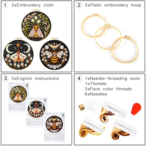 Image of Hand Embroidery Starter Kits for Beginners Adults, Counted Stamped Cross Stitch Kit for Beginners Adults, Embroidery Needlepoint Kit with Moth Flower Pattern, 3 Hoops (Attached Teaching Video QR Code)