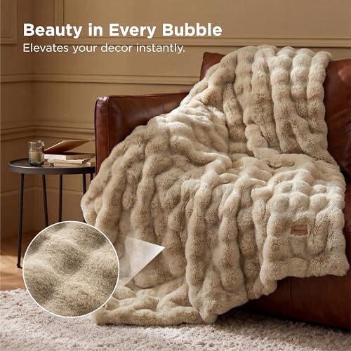 Image of Bedsure GentleSoft Fluffy Fuzzy Beige Throw Blanket for Bed, Soft Cozy Fleece Faux Fur Blanket for Couch, Beige Room Decor Coloring Bedding Sofa Cover, Thick Warm Plush Women Girls Birthday Gifts