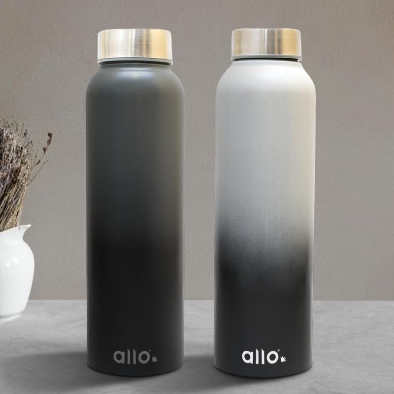 Image of Allo Stainless Steel Water Bottle For Adults, Kids 1 Litre Water Bottles For School, Office, Sports, Gym 1L Water Bottle For Men And Women, Pack Of 2| Leak Proof, Bpa Free, Dark Grey & White Black