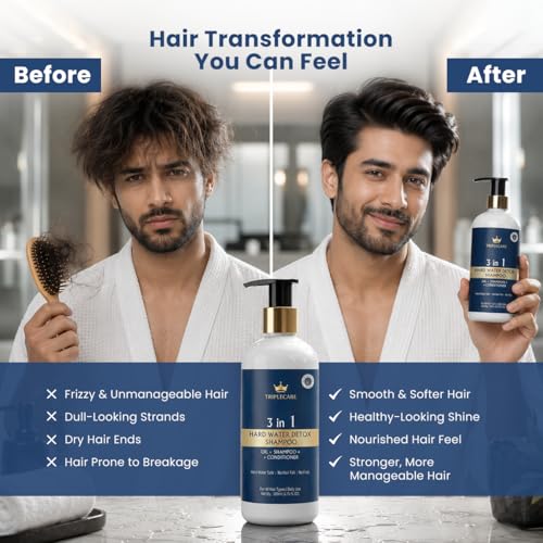 Image of 3-in-1 Hard Water Detox Shampoo+Conditioner+Oil 200ml for Men & Women | Reduces Mineral Build-Up Frizz & Hair Breakage | Disodium EDTA Argan Jojoba & Coconut Oil | Sulphate & Paraben Free