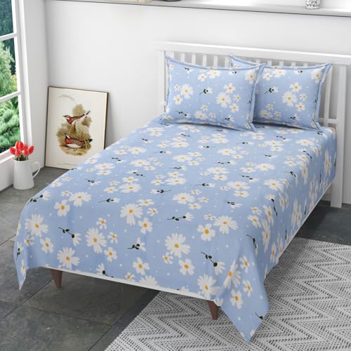 Image of 200 TC 100% Polycotton Printed Supersoft Bedsheet for Single Bed with 2 King Size Pillow Covers Soft /Breathable Wrinkel Free -60x90 Inches -Aqua