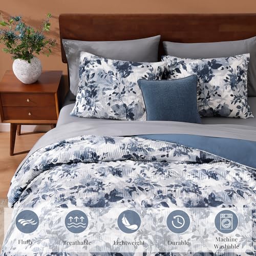CASAAGUSTO Full Comforter Set, 7 PCS Navy Blue Floral Comforter Set with Flowers Leaves Pattern, Soft Velvet Design for Winter Full Size Bedding Set(80"X90")