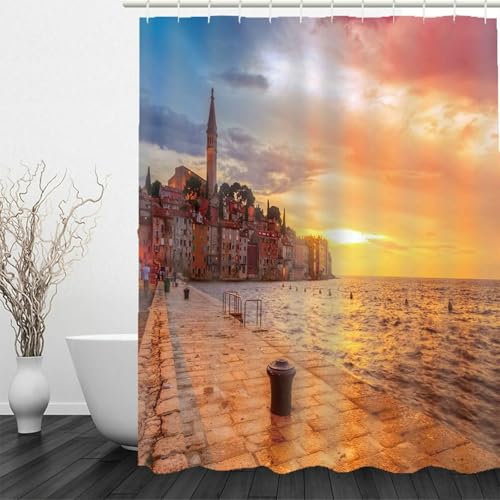 Rideau de douche orange polyester lavable séchage rapide motif lac avec anneaux
