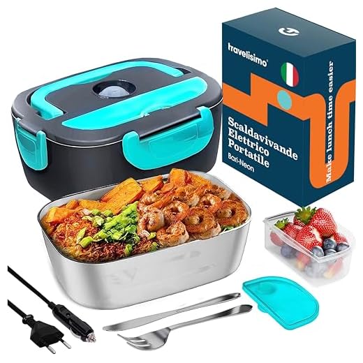 TRAVELISIMO Scaldavivande Elettrico Portatile, 80W 1,5L Porta Pranzo Riscaldabile, 220V/12V/24V Scalda Vivande Portatile Elettrico per Auto Camion e Ufficio, Lunch Box Termico di Acciaio Inossidabile
