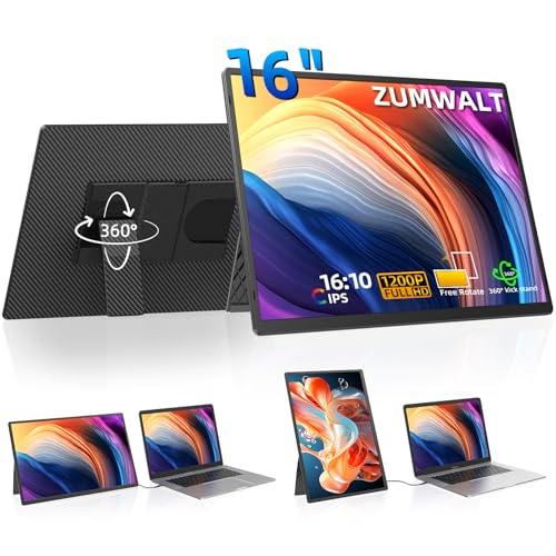 Portable Monitor, 16 Inch 1200P FHD Laptop Screen Extender Dual Monitor, 360° Rotating Detachable Stand Plug n Play, Ultra Slim Zero Frame, Travel Po
