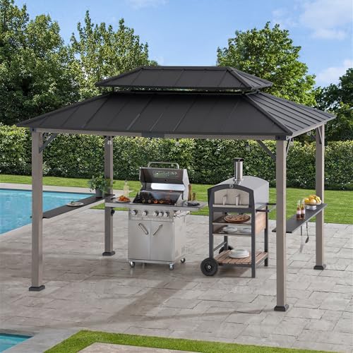 SUNJOY 2.4 x 3.6m Wooden BBQ Gazebo Built-in Electrical Outlet, Double Steel Roof, 2 Shelves & 5 Hooks, Waterproof Shelter for 2 Grills, UV & Wind Resistance, Outdoor Permanent for Garden Patio Party