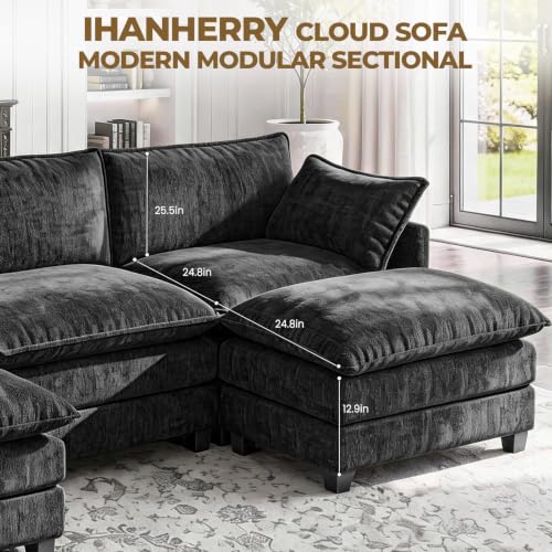 Image of 146 inch U-Shape Modular Sofa with 2 Ottomans, Deep Seat Cloud Convertible Sleeper, 2 Arm Pillows, Comfortable Large Upholstered Furniture for Living Room Apartment, Black