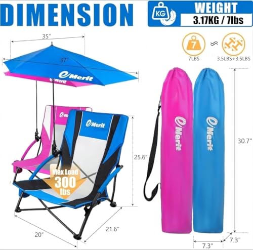 Image of EMERIT Low Beach Chairs for Adults with Removable UPF 50+ Umbrella, Lightweight Folding Backpack Camping Chair with Cup Holder, Portable Sand Chair for Beach, Picnic, Lawn