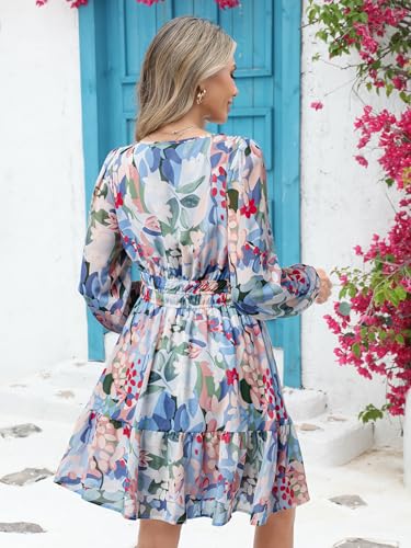 Image of Simplee Womens Spring Floral Mini Dress Long Sleeve Boho Chiffon Short Dress Casual Flowy Fall Wedding Guest Dresses
