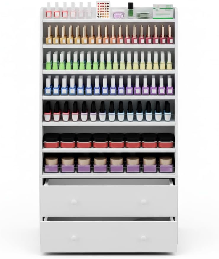 Nail Polish Rack with 2 Drawers, Salon Display & Storage Cabinet with Acrylic Baffle, Holds 700+ Bottles of Polishes, Essential Oils & Perfumes, Suitable for Nail Salon & Beauty Store, White