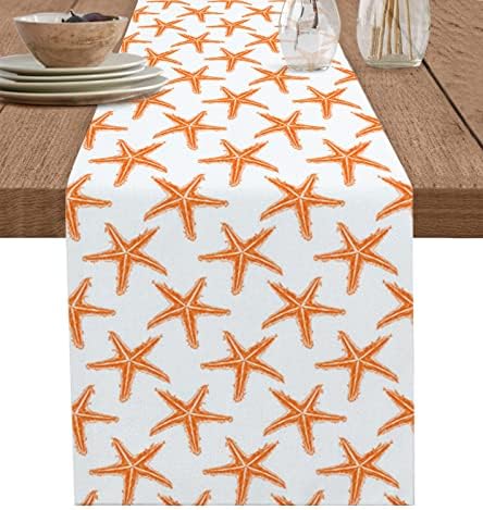 LBHAUSE Cotton Linen Table Runner Short 36 Inches, Orange Starfish Table Runner Washable Coffee Table Runners for Kitchen Dining Table Non-Slip Dresser Scarf Summer Beach Themed
