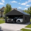HOMZOLVA 20x20 FT Metal Carport with Sidewalls & Windows, Heavy Duty 2 Car Carport Enclosed Canopy w/Galvanized Steel, Outdoor Garage Shelter Car Port for Truck, Tractor, Boat, Grey