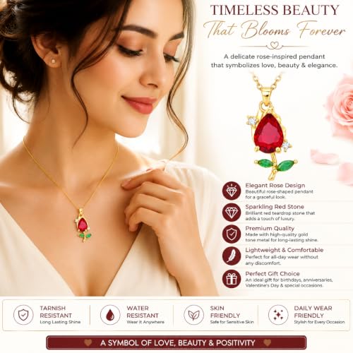 Image of Gold-Tone Rose Pendant Necklace for Women with Red Crystal, Floral Charm Chain Stainless Steel Anti Tarnish Waterproof Hypoallergenic, Gift for Her