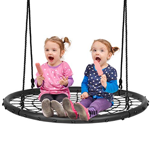 Costzon 40'' Spider Web Tree Swing Set, Kids Outdoor Round Net Swing Platform Rope Swing with Adjustable Hanging Ropes and Durable Steel Frame, Great for Park Backyard (40'', Web Swing, Black)