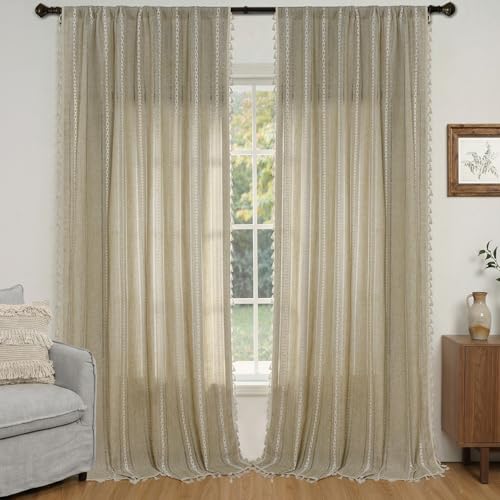 ColorBird Boho Curtains Linen-Textured for Living Room Bedroom Light Filtering 84 Inches Natural Brown Farmhouse Curtains & Drapes Embroidered Striped for Dining Closet Dooraway Window Treatment