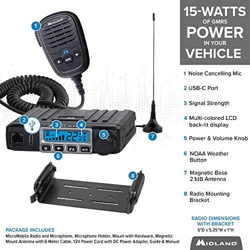 Midland - Mxt115, 15 Watt Gmrs Micromobile Two-Way Radio - 8 Repeater Channels, 142 Privacy Codes, Noaa Weather Scan + Alert & External Magnetic Mount Antenna (Single Pack) (Black) #TOP4