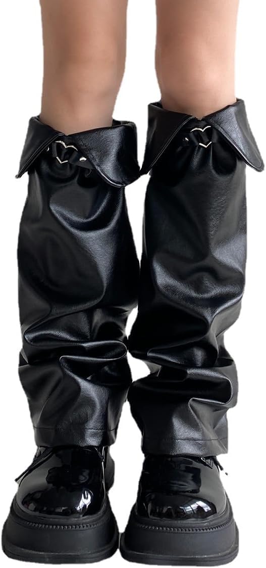 ThiCc Y2K Leg Warmers for Women Winter - Faux Leather Slouchy Leg Warmers - Oversized Open Cut Lolita Kawaii Accessories (One Size,Black)