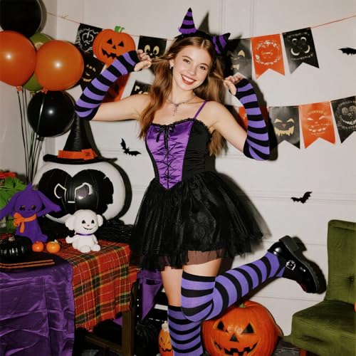 Image of Tongcloud Women's Striped Knee High Socks, Over Knee Thigh High Socks, Arm Warmer and Fingerless Gloves Set