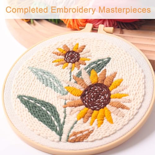 Image of REEWISLY Punch Needle Embroidery Starter Kits for Beginners Flower and Grass Patterns.3Ps Embroidery Hoops,Color Threads,Instructions and Needles,DIY Adults Embroidery, Video Teaching