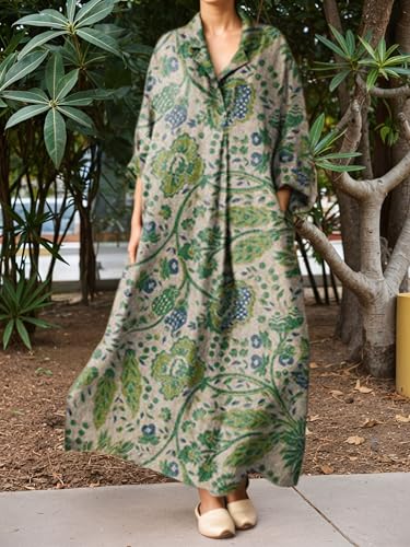 Women's Boho Floral Print Shirt Dresses with Pockets Casual Loose Lapel Collar Long Sleeve Maxi Dress Plus Size2