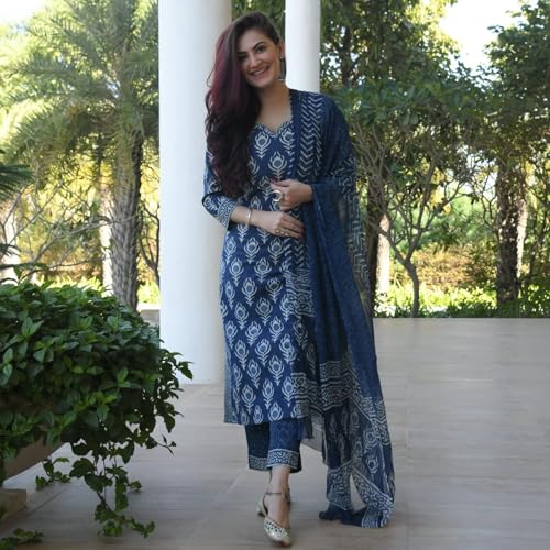 Image of Indigo Blue Printed Cotton Kurta Set with Dupatta, Ethnic Indian Wear