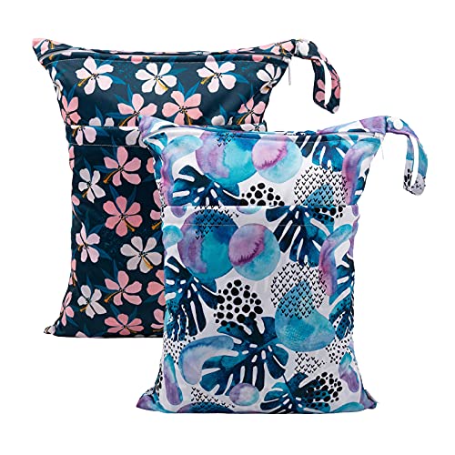 Image of babygoal Wet Dry Bags for Baby Cloth Diapers, Washable Travel Bags, Beach, Pool, Gym Bag for Swimsuits & Wet Clothes with Two Zippered Pockets 2 Pack LN01