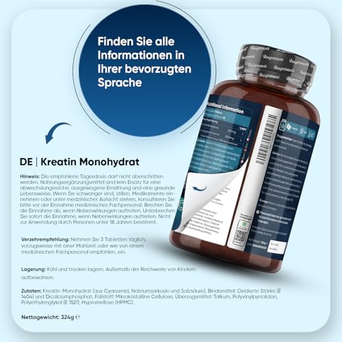 Creatin Monohydrat Tabletten - 3000mg pro Portion - Laborgeprüft - 270 Kreatin Vegan Tablets - 3 Monate Vorrat - Creatine - 3 Kreatin Monohydrat Tabletten pro Tag - Glutenfrei - WeightWorld