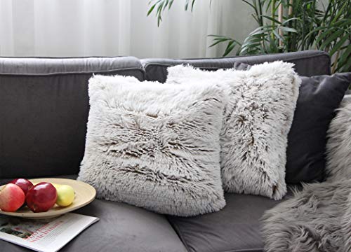 Uhomy Home Decorative Luxury Super Soft Style Artificial Fur Throw Pillow Case Double Side Fluffy Cushion Cover For Sofa/Bed Brown Khaki Ombre 18X18 Inch 45X45 Cm Set Of 2 #TOP2
