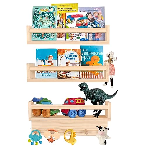 Image of birola Nursery Book Shelves Set of 3,Nursery Shelves for Bookshelf Wall,Wall Bookshelves for Kids，Bathroom Decor, Kitchen Spice Rack (Natural)