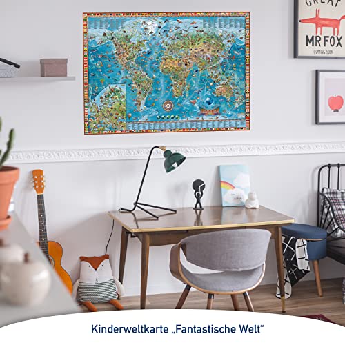 ORBIT GLOBES & MAPS Kinder-Weltkarte mit Tieren und Flaggen, Deutsch im Poster-Format XXL 138 x 98 cm mit aufschlussreicher Legende, Deko-Landkarte für Kinderzimmer