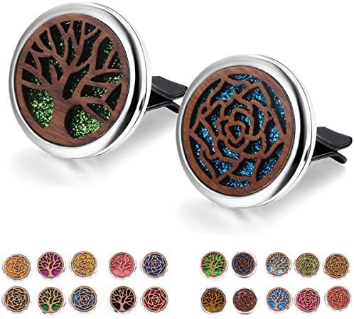 2 Packs Wooden Car Diffuser Vent Clips, Aromatherapy Essential Oil Car Diffuser Locket Clip with 10 Shiny Pads and 10 Washable Felt Pads(Tree and Flower)