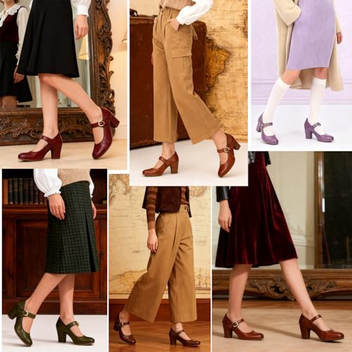 Image of SHODENSE Women Vintage Chunky High Heel Mary Jane Shoes Round Closed Toe Ankle Strap Dress Sandals 3 inch Block Heels Mary Jane Lolita Pumps Two-Toned Patchwork Buckle Office Lady Wedding Retro 4-11 M US