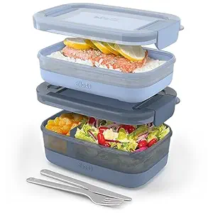 Ello 2-Pack Lunch Stack Plastic Food Storage Container with Airtight, Leak-Proof Locking Plastic Lids and Silicone Base, BPA-Free, Freezer, Microwave, and Dishwasher Safe, Blueberry