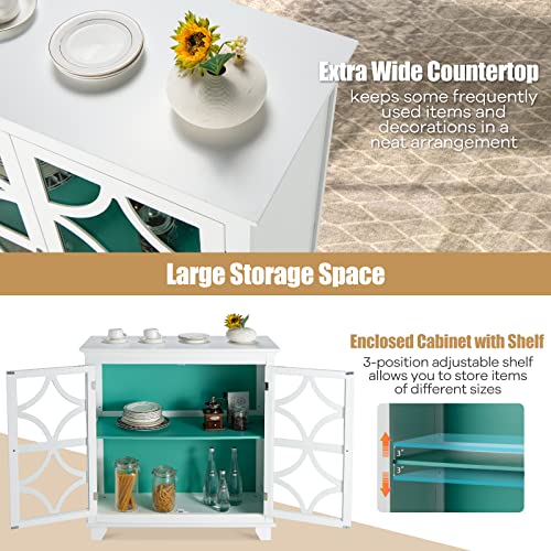 Giantex Buffet Sideboard, Freestanding Kitchen Cupboard W/Adjustable Shelf, 2 Decorative Glass Doors, Modern Storage Organizer For Living Room, Kitchen, Entryway (White & Green) #TOP4
