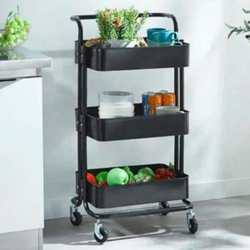 Carrinho Organizador Multiuso 3 Prateleiras e Alça Auxiliar Em Aço Com Rodinha(Preto)