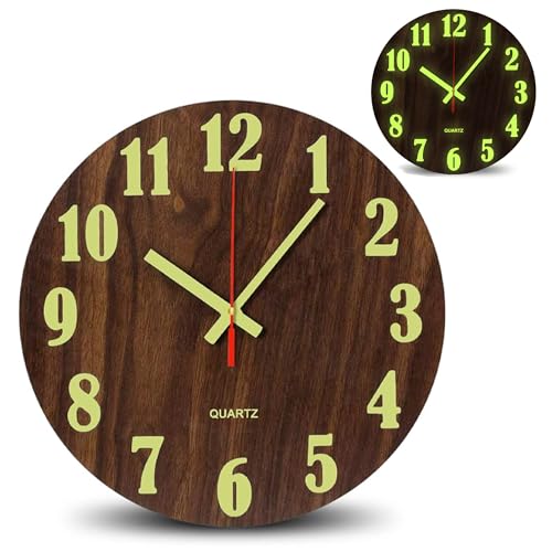 Fishtec - Horloge Murale Lumineuse en Bois - Pendule Phosphorescente Grands Chiffres + Aiguilles Fluorescents Silencieuse, sans tic tac pour Cuisine, Bureau,...