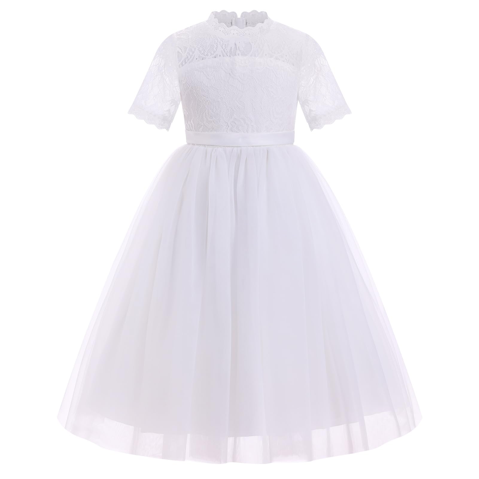 Kid Mädchen Spitzenkleid Kurzarm Rundhalsausschnitt Tüll Tutu Prinzessin Kleider Blumenmädchen Geburtstag Brautjungfer Hochzeit Party Festzug Erstkommunion Ballkleid