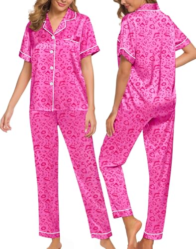 Image of SWOMOG Women Satin Pajamas Set Short Sleeve Top & Pants Sleepwear Silky Button Down Nightwear 2pcs Loungewear Pjs Set