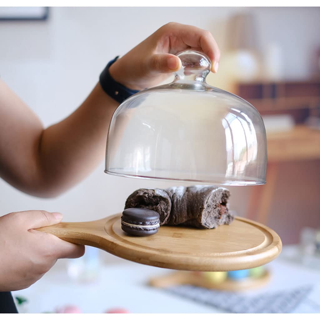 Plateau à gâteau en Bambou avec Couvercle en dôme en Acrylique Transparent et poignée de Plateau Plateau de Service Plat en Bois Présentoir à Cupcake Rond pour Fromage à Sandwich