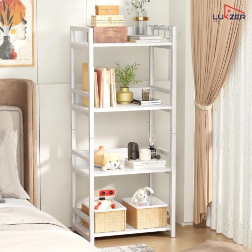 Image of Lukzer 4 Layer Multipurpose Storage Rack - Heavy Duty Metal & Wood Kitchen Organizer | Space Saving Microwave Oven Stand for Modular Kitchen, Living Room, Bedroom & Office (MKR-004 /White)