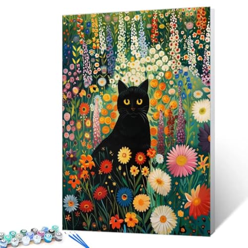 Aihonmin Pintura de gato negro por números para adultos, principiantes, flores coloridas, kits de pintura al óleo sobre lienzo con pinceles y kits de pintura acrílica, manualidades, decoración de