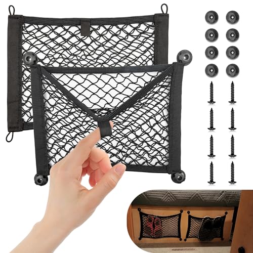 RED WOLF 2 Layer Small Mesh Cargo Net Elastic Storage Netting 2 Pcs Stretchable Car Organizer Net 1410 Inch for Trunk RV Boats Home Auto Cargo Net Pocket with Screws and Hooks