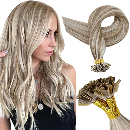 RUNATURE U Tip Human Hair Extensions Platinum Blonde Highlighted Utip Hot Fusion Hair Extension Natural Straight U Tipped Keratin Hair Extentions 16 Inch 40g