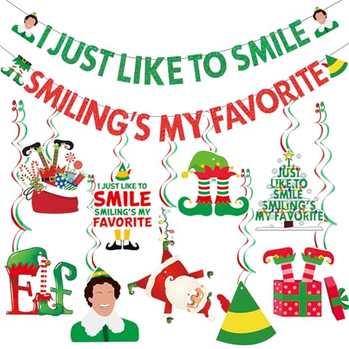 The Elf Christmas Banner Decorations Christmas Elf Decorations I Just Like To Smile Smiling's My Favorite Banner for Xmas Party Decorations Friendsmas Party Decorations